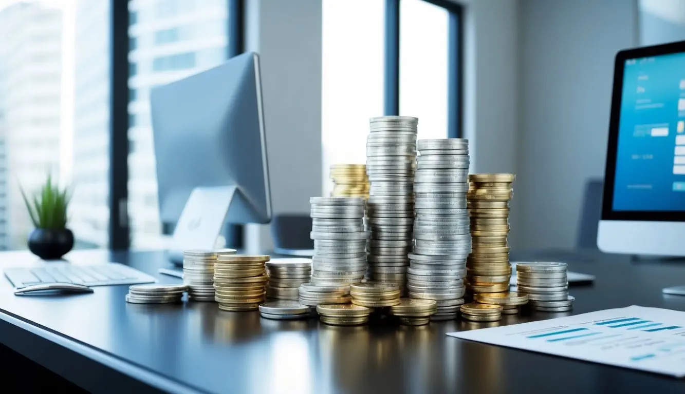 A stack of silver coins and bars arranged on a sleek, modern desk with a computer and financial documents nearby