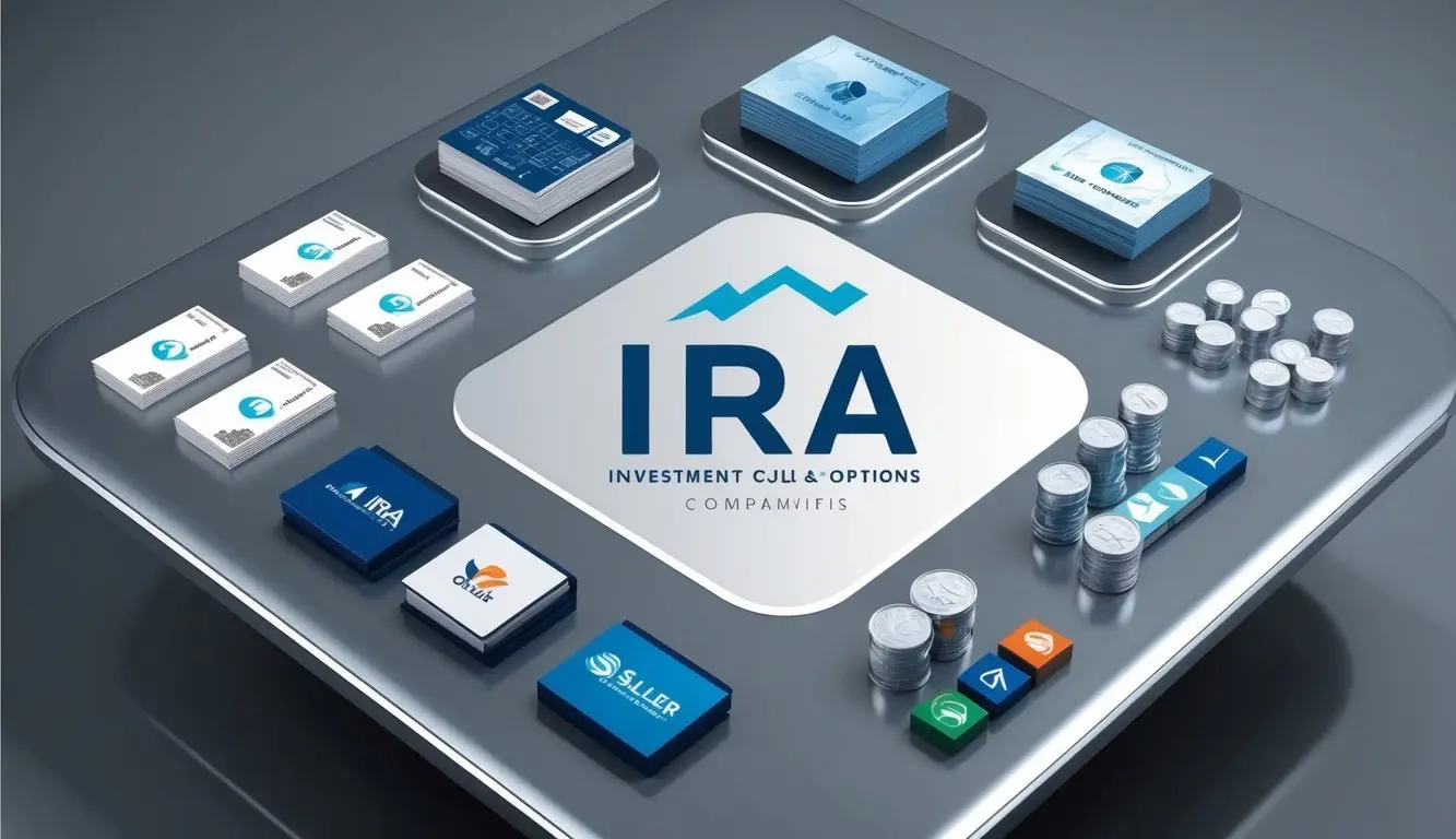A group of diverse investment products and options displayed on a sleek, modern table. Silver IRA companies' logos prominently featured