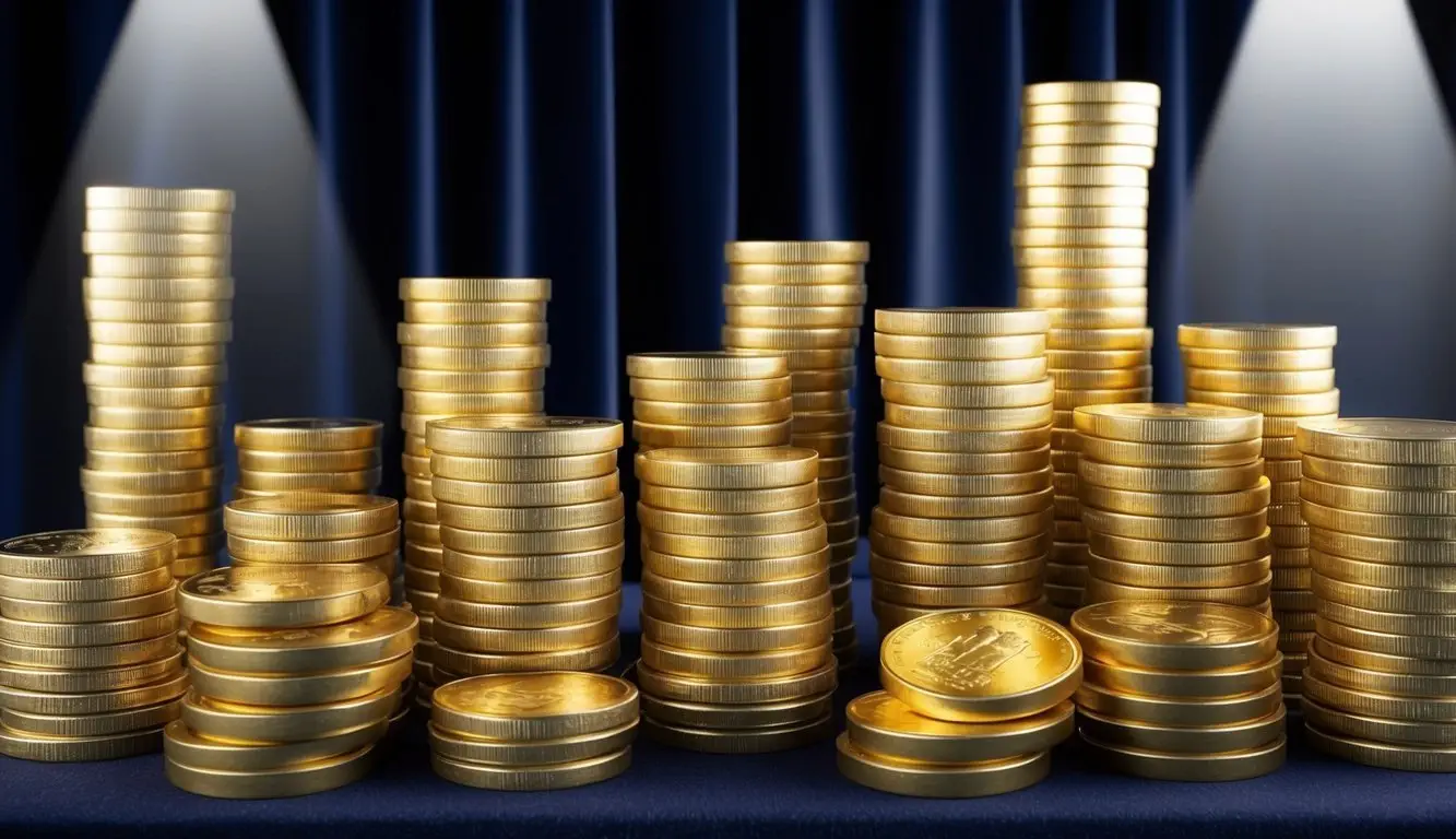 A stack of gold coins and bars arranged on a dark velvet background, with a spotlight shining on them