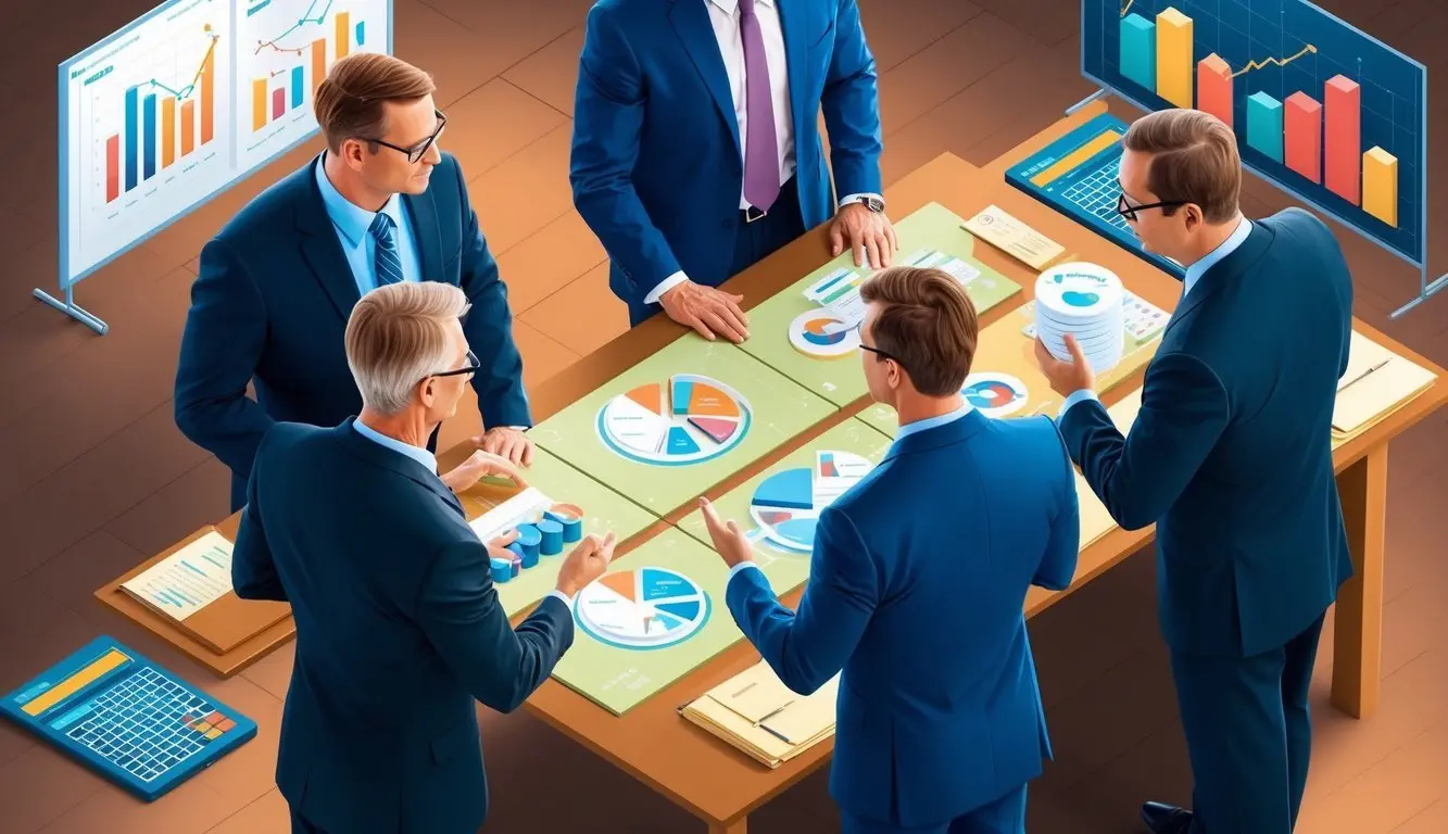 A group of financial experts discussing investment options while surrounded by charts and graphs