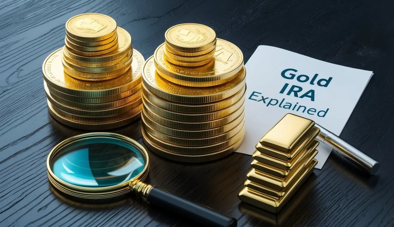 A stack of gold coins and bars arranged neatly on a dark wooden table, with a magnifying glass and a document labeled 