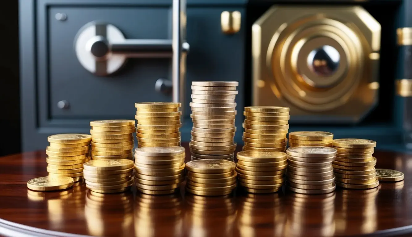 A stack of gold coins and bars arranged neatly on a polished wooden surface, with a secure-looking safe in the background