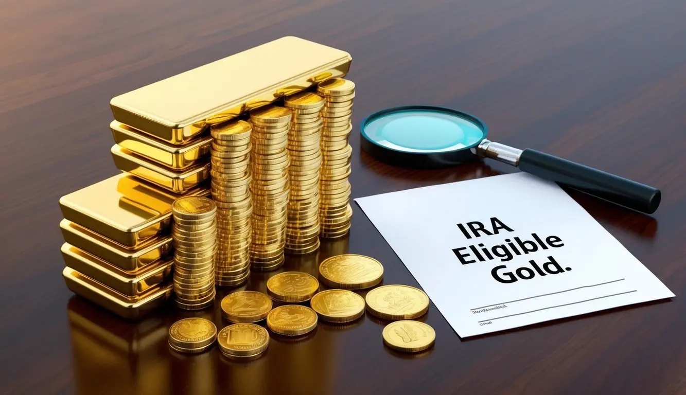 A stack of gold bars and coins arranged on a polished wooden surface, with a magnifying glass and a document labeled 