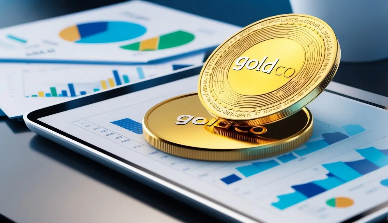 A golden coin with the Goldco logo sits atop a sleek, modern desk surrounded by financial charts and graphs