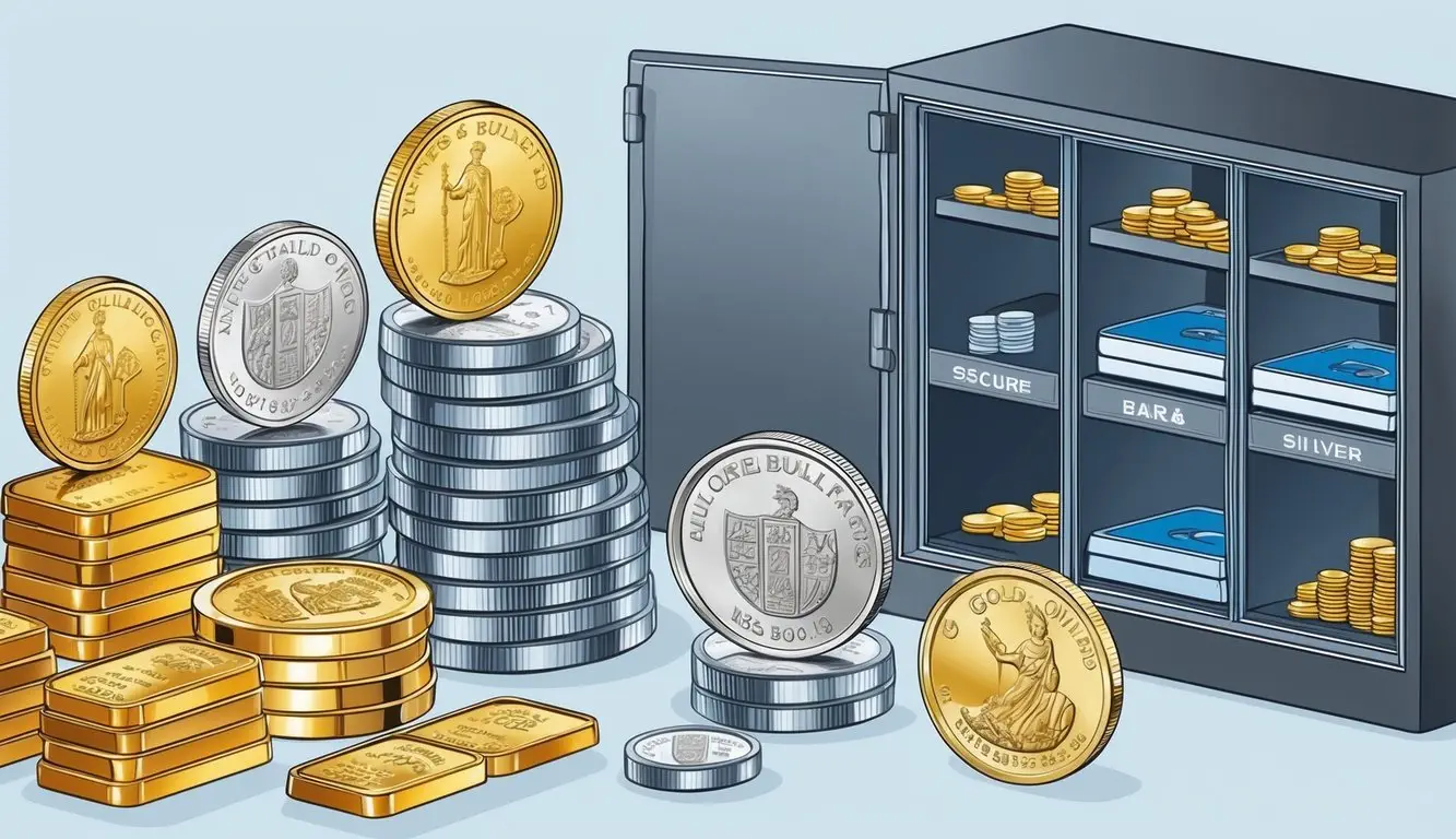 A display of various gold and silver bullion bars and coins, alongside a range of secure storage options and expert consulting services