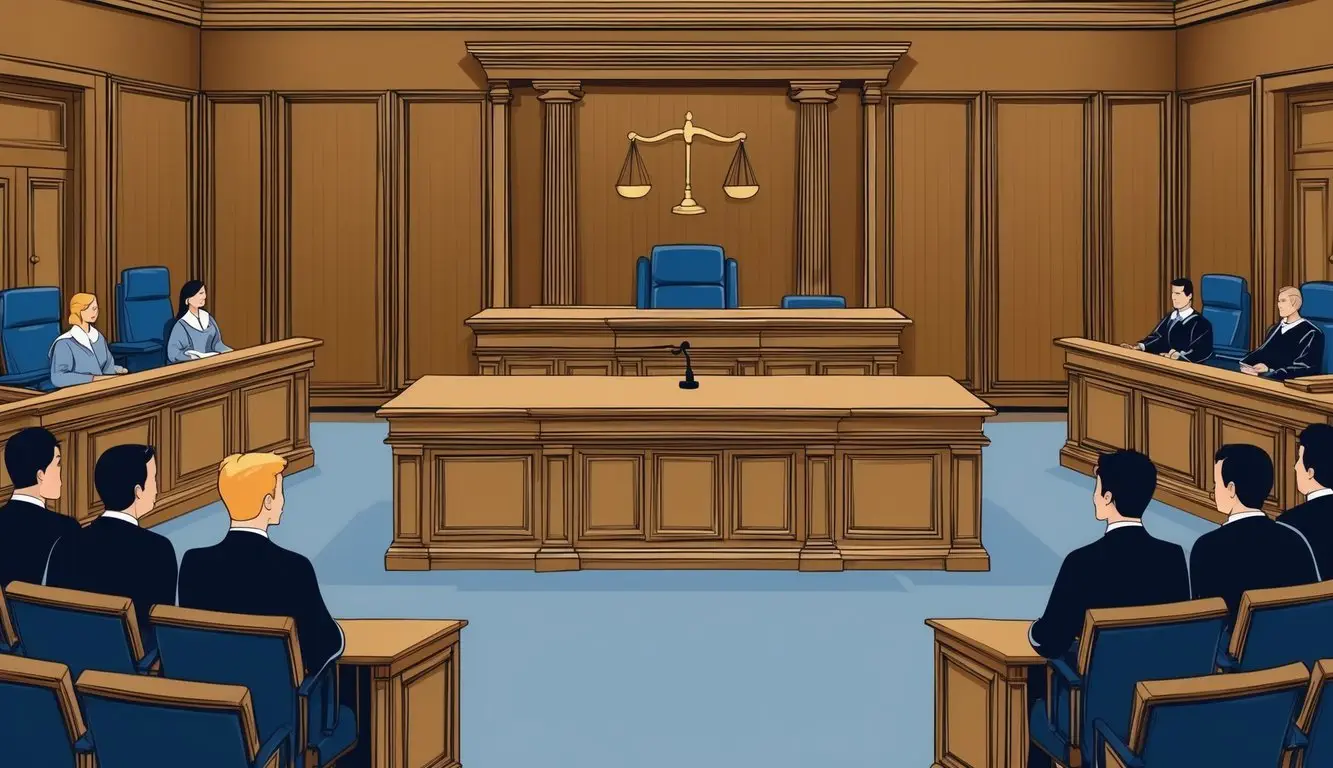 A courtroom with a judge's bench, witness stand, and seating for lawyers and spectators. The room is formal and professional, with wood paneling and the scales of justice displayed prominently