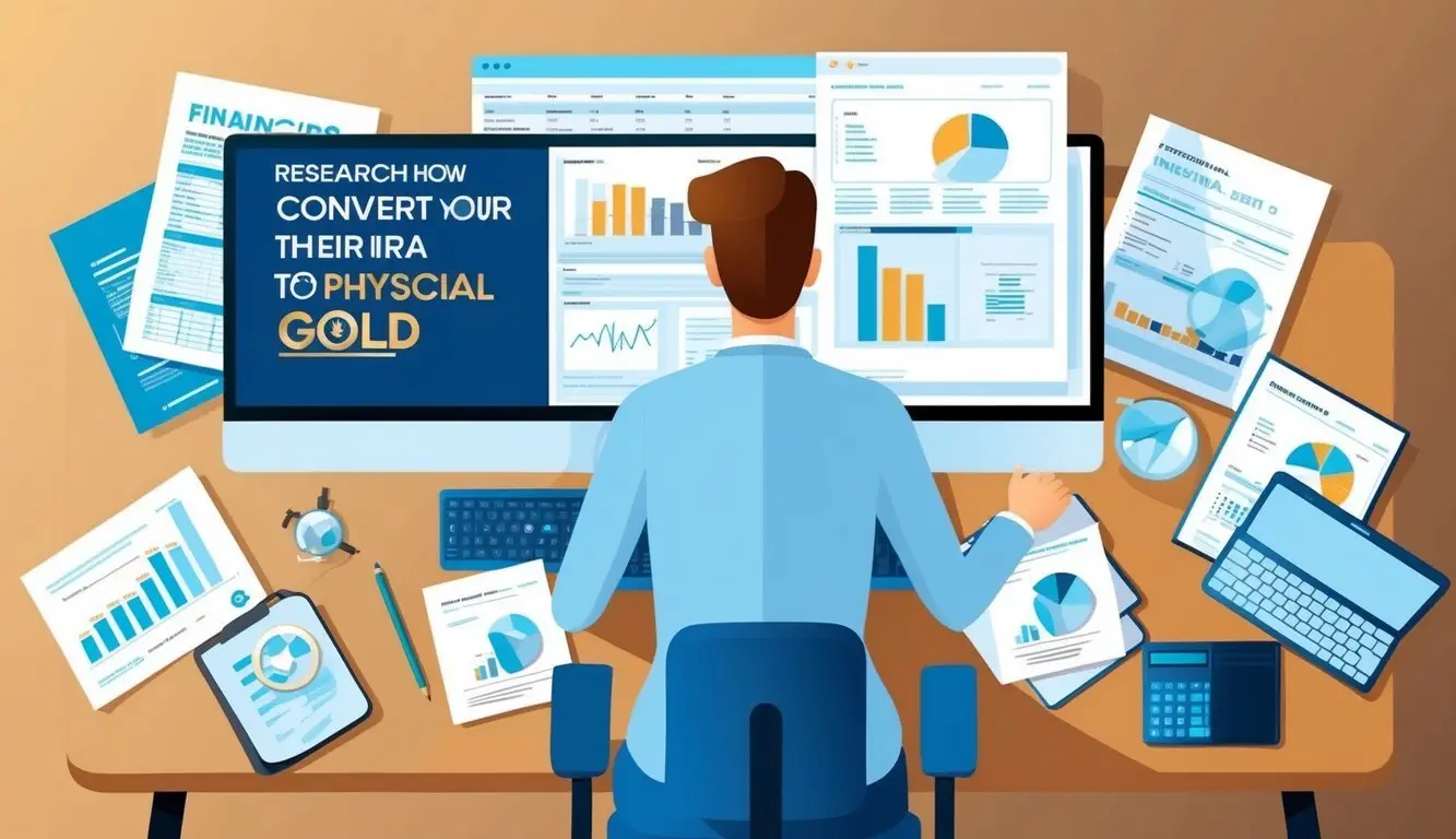 A person sitting at a desk, surrounded by financial documents and a computer, researching how to convert their IRA to physical gold