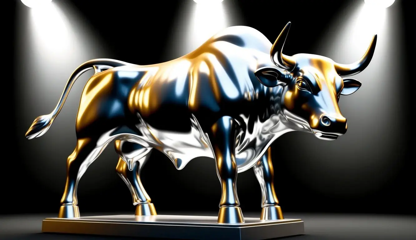 A silver and gold bull statue stands in a spotlight, with a black background and a sense of anticipation in the air