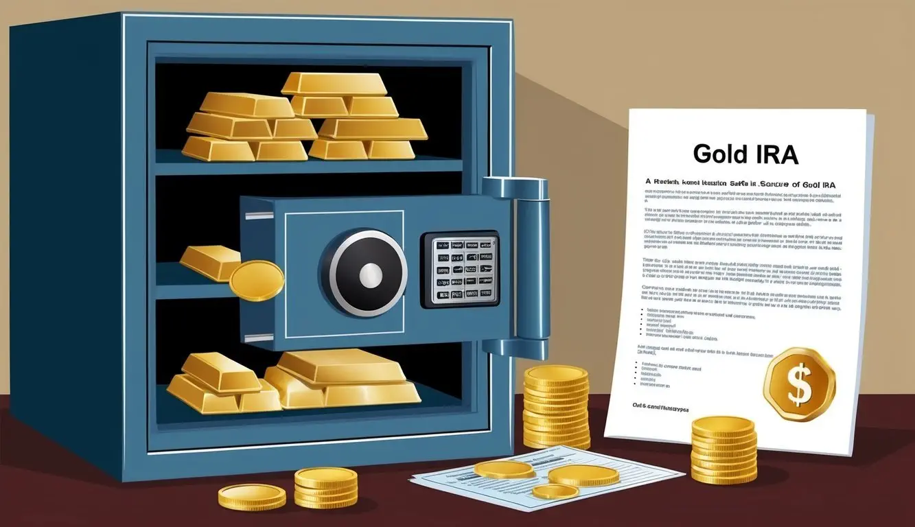 A secure home safe holds gold bars and coins, with a document explaining the concept of a Gold IRA