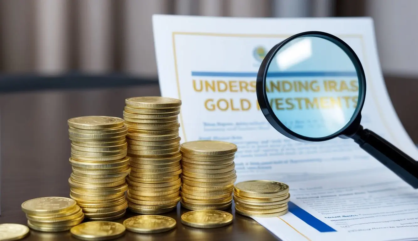A stack of gold coins sits on a table, next to a document titled 
