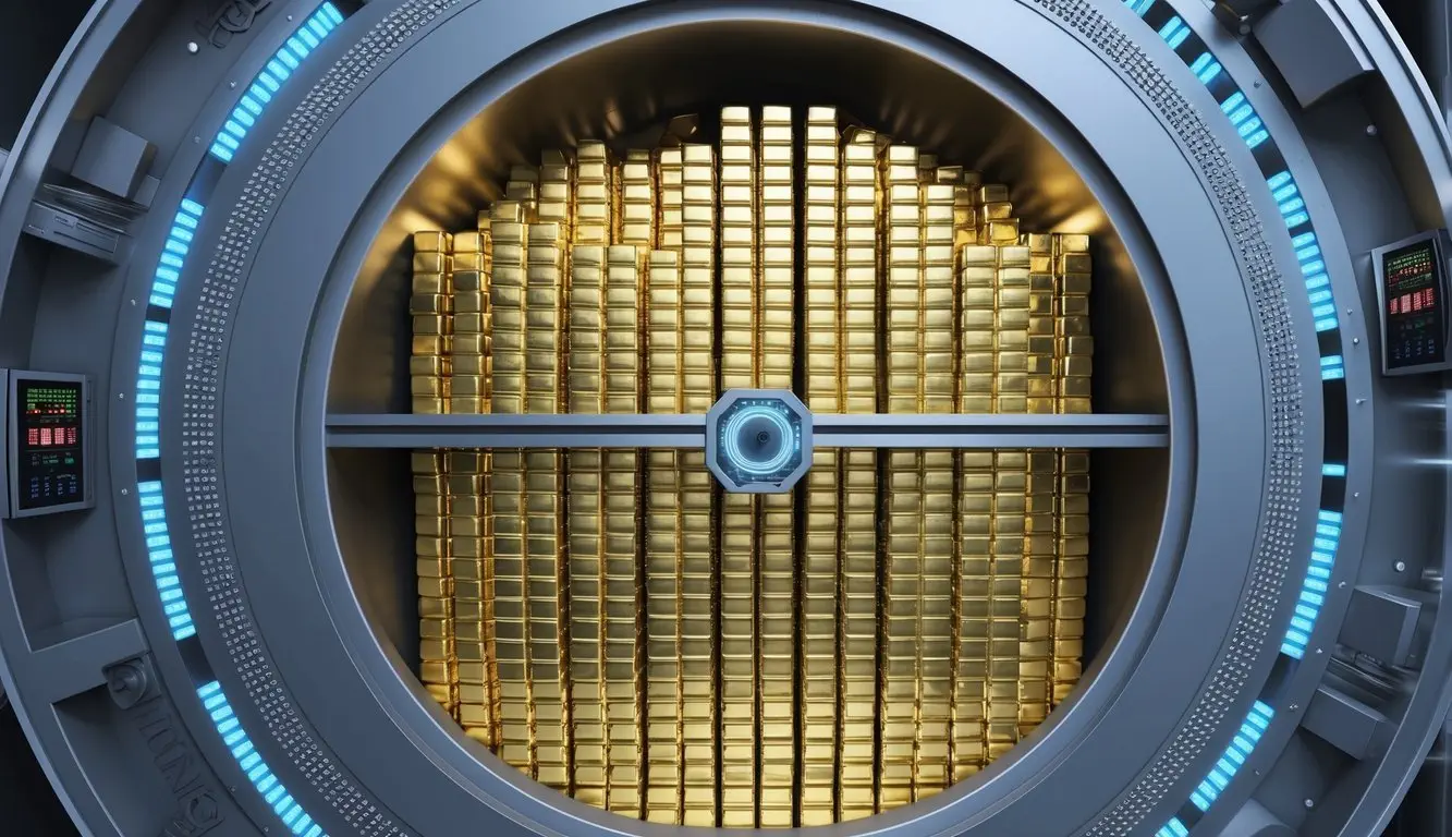 A secure vault with rows of gold bars and coins, surrounded by high-tech security measures
