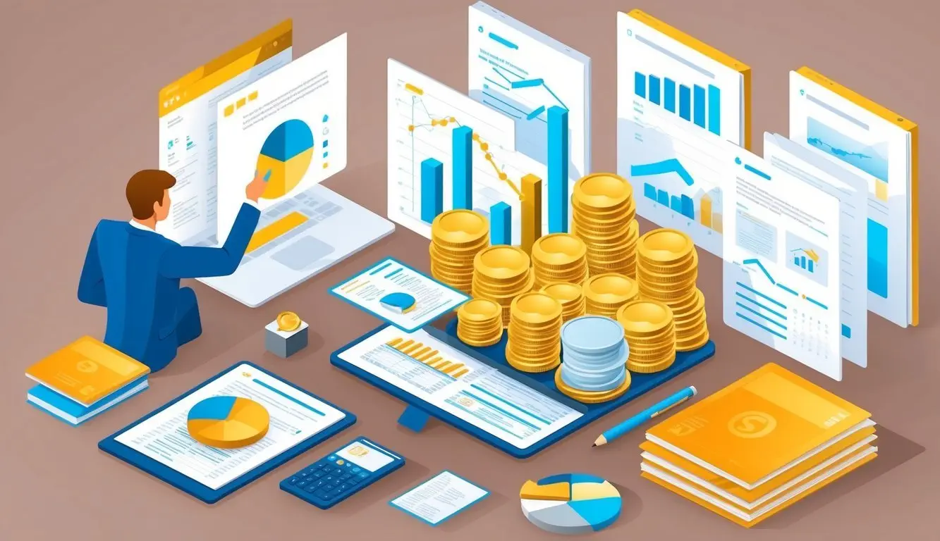 A person researching gold IRA companies while avoiding gold IRA scams, surrounded by financial documents and a computer