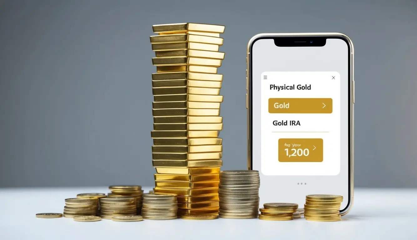 A stack of gold bars and coins contrasted with a sleek digital interface, symbolizing the choice between physical gold and a Gold IRA for investment